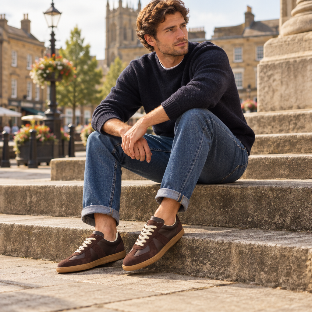Ridley trainers in Dark Brown worn with jeans